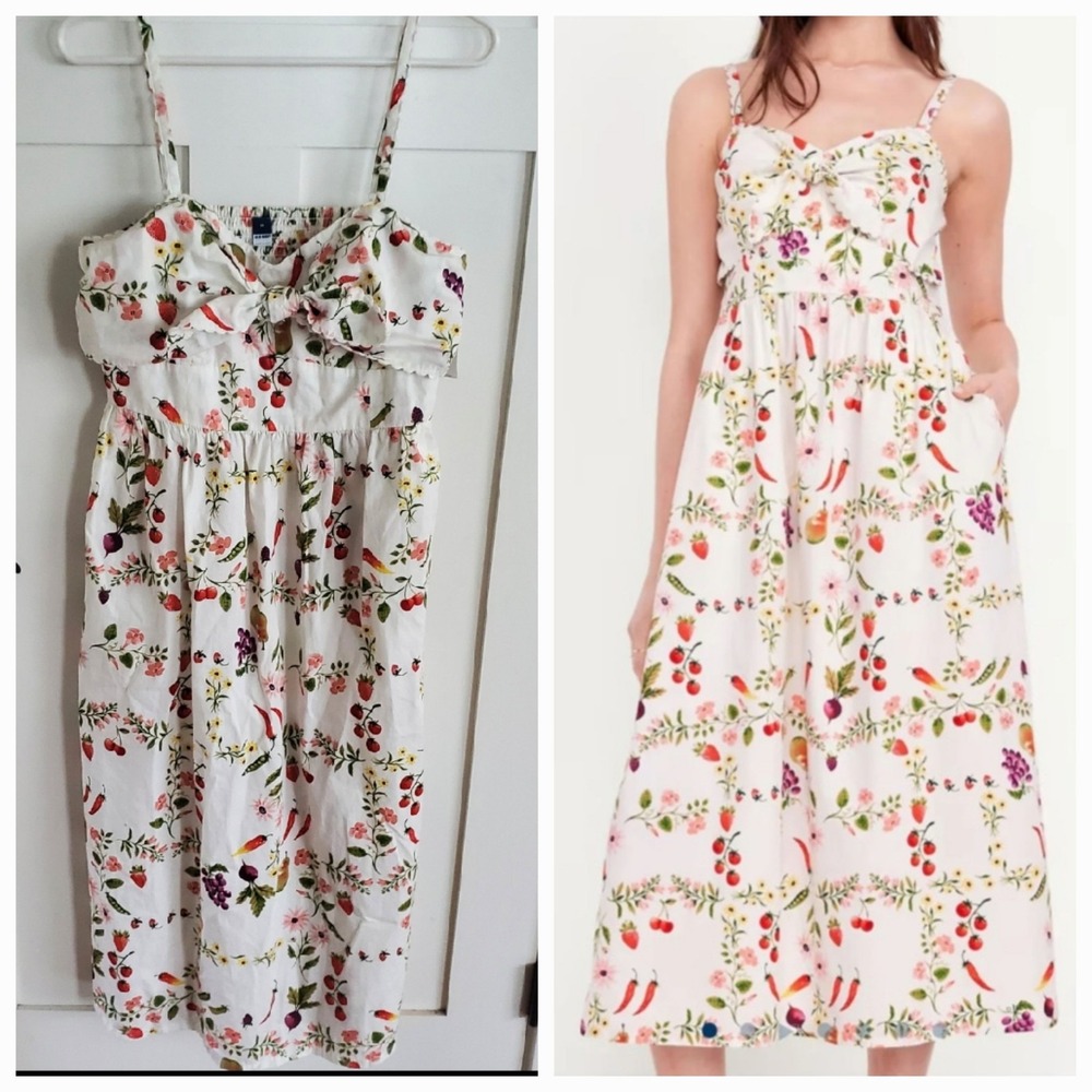 NEW Old Navy Fruit Veggie Floral Fit Flare Tie-Front Midi Dress Womens M White